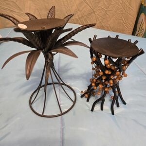 Black Metal Candle Holders with Amber Bead Accents - Set of 2